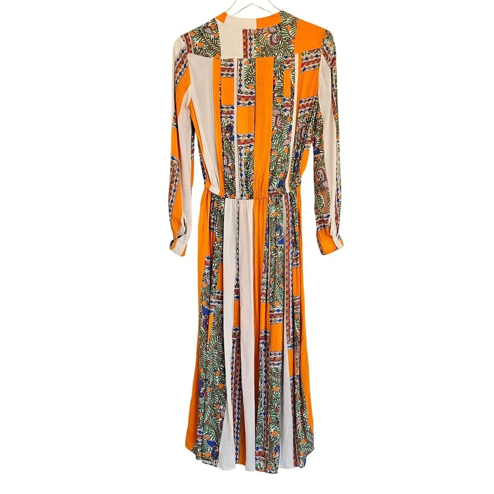 Tory Burch Orange Cream Silk Geometric Botanical Print Midi Dress Size‎ 2